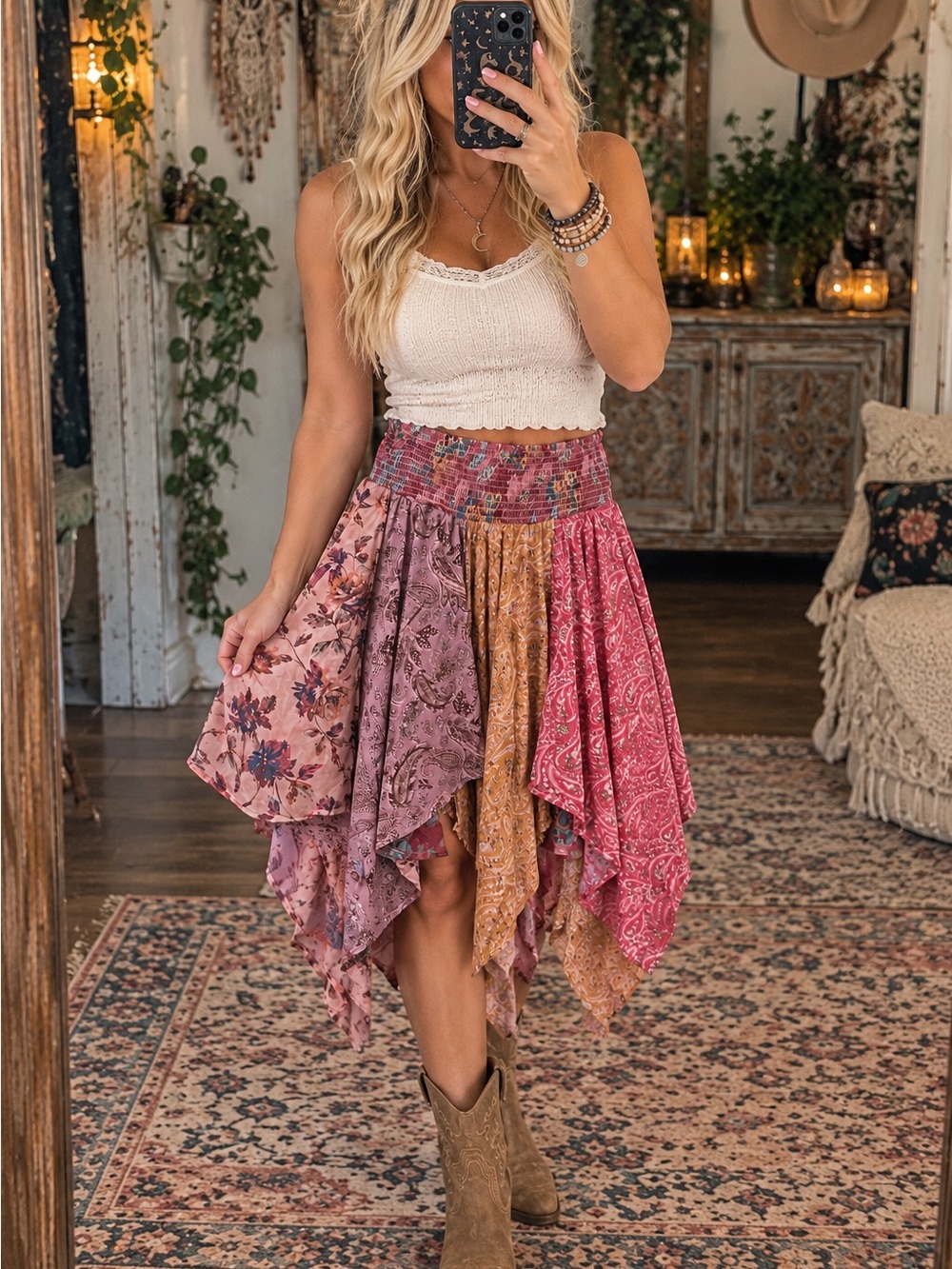 Boho Patchwork Handkerchief Hem Skirt in Rose Multi
